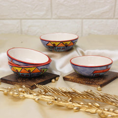 Exotic Panorama Small Ceramic Dip Bowls Set - 4 Pieces, 50ml Each, Multicolor | Hand Painted Mini Chutney Bowls - Pickle Small Katoris For Serving Sauce