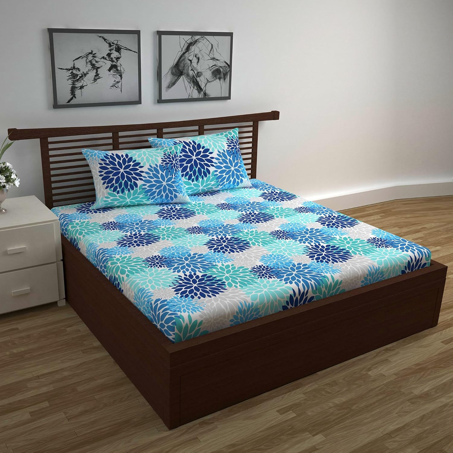 100% Pure Cotton Double Bedsheet For Queen With 2 Pillow Covers - 87 X 100 Inches, Grey & Blue | Soft & Durable For Everyday Use & Bedroom - All Season Comfort