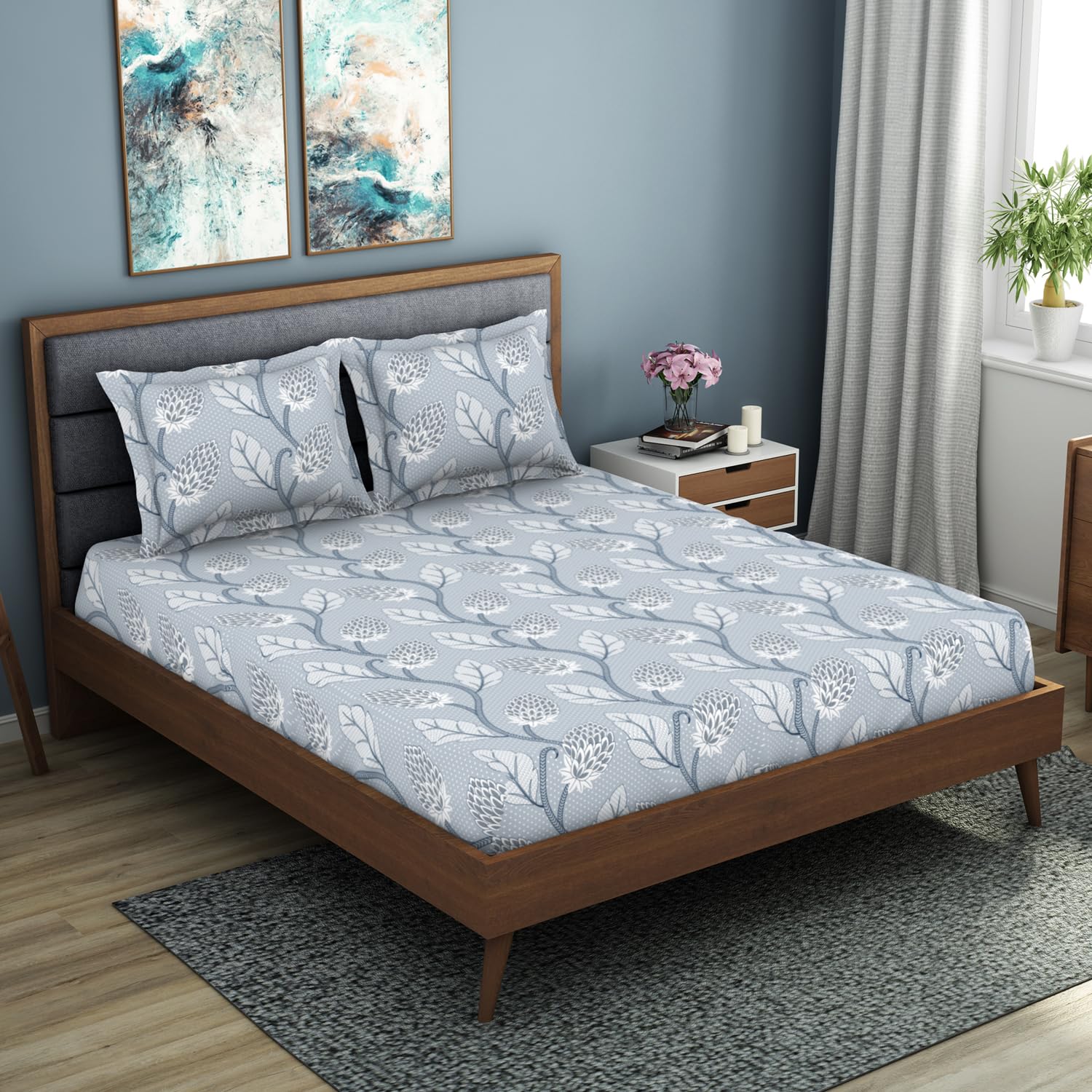 King Size 1 Double Bedsheet With 2 Pillow Covers - Size 108 X 108 Inches, Grey | Soft Feel Wrinkle Resistance | Durability & Comfort, Breathable