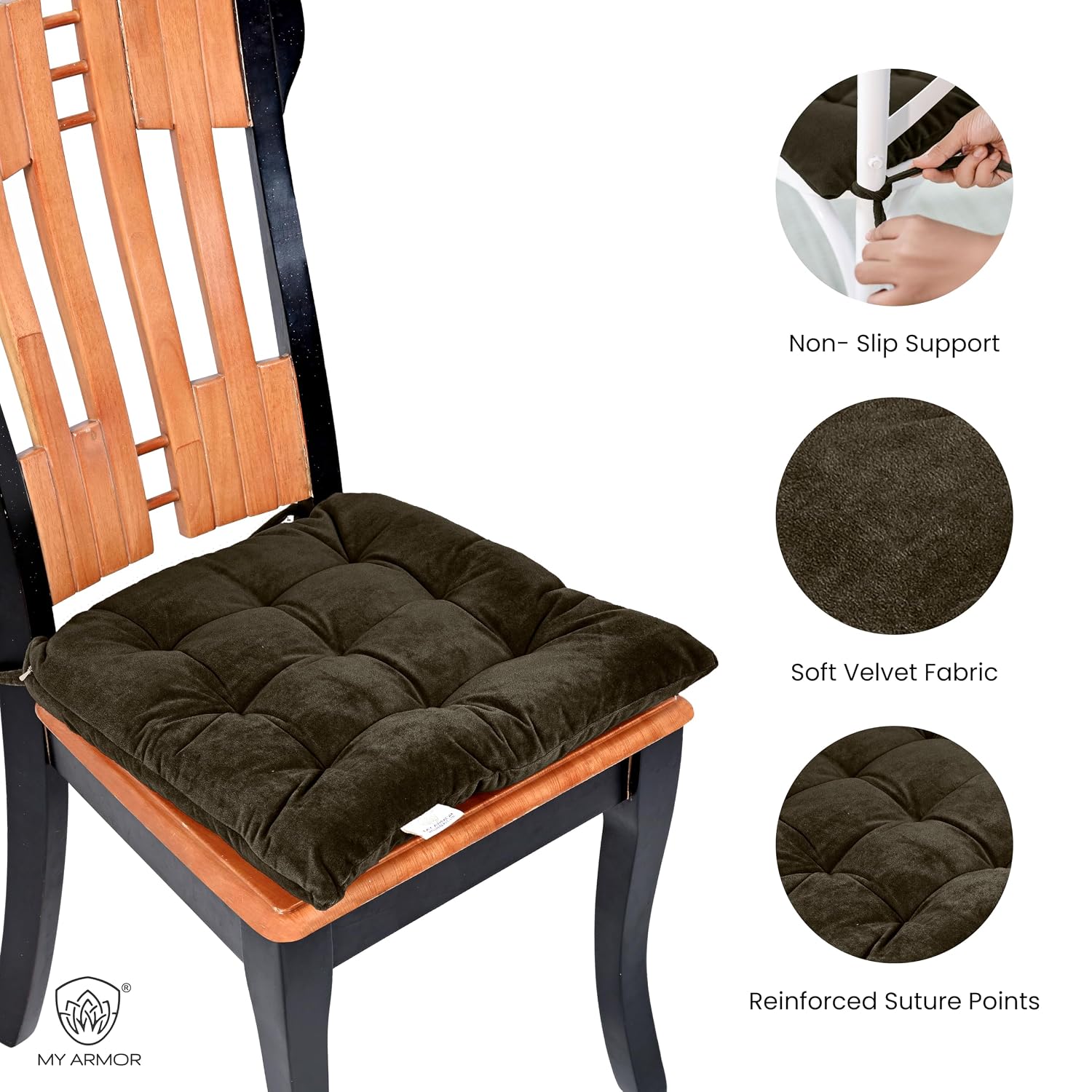 Square Chair Pads Cushion, For Comfortable Sitting, Brown Color - 40 X 40 Cm | Seat Cushions With Ties For Sitting, Pooja, Dining & Office Table | Furniture Cushion, Washable - Pack Of 1