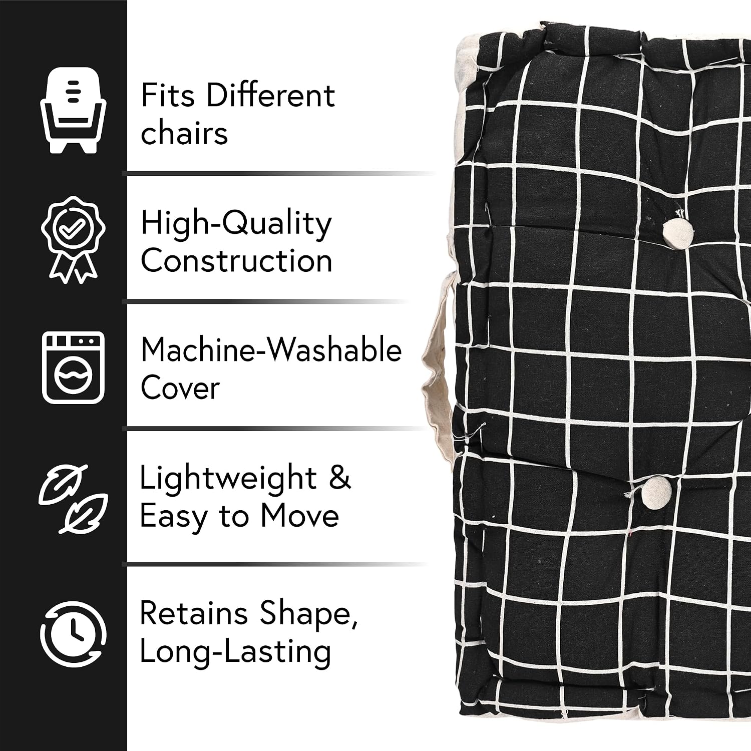Soft & Comfortable Cotton Chair Cushion Pillow For Sitting, Check Print - Black | Pillow For Office Work & Posture Support | Sitting Cushion & Back Rest For Chair | For Pain Relief