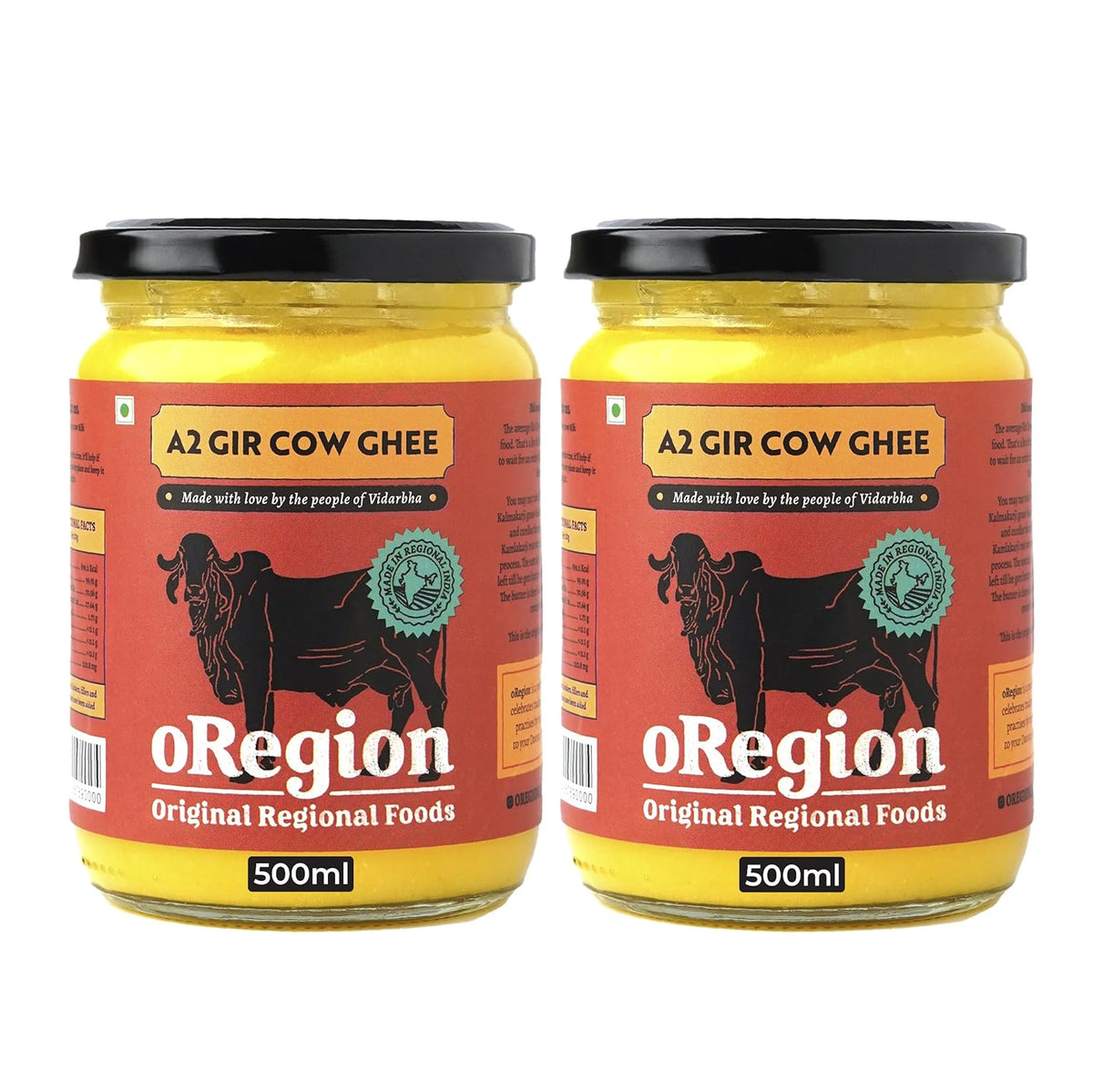 Premium A2 Gir Cow Ghee By oRegion | Vedic Bilona Method, Curd Churned Desi Cow Ghee For Protact Eyesight | 1 Litre (500ml * 2) 33.8 Ounce | Jar Pack