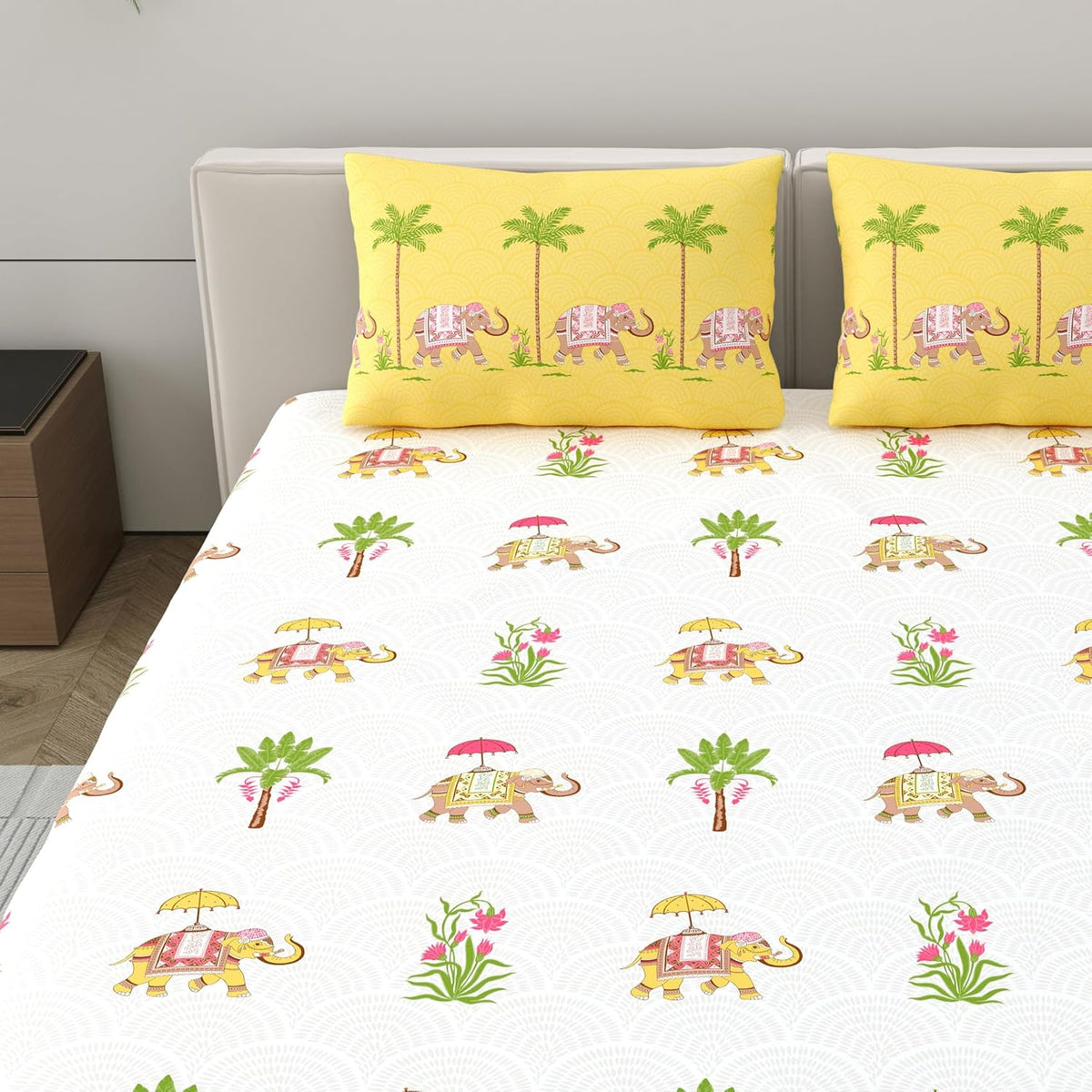 100% Cotton Double Bedsheet With 2 Pillow Covers - Size - 87 X 94 Inches, White & Yellow | Breathable Fabric & Skin Friendly | Comfortable Night Sleep