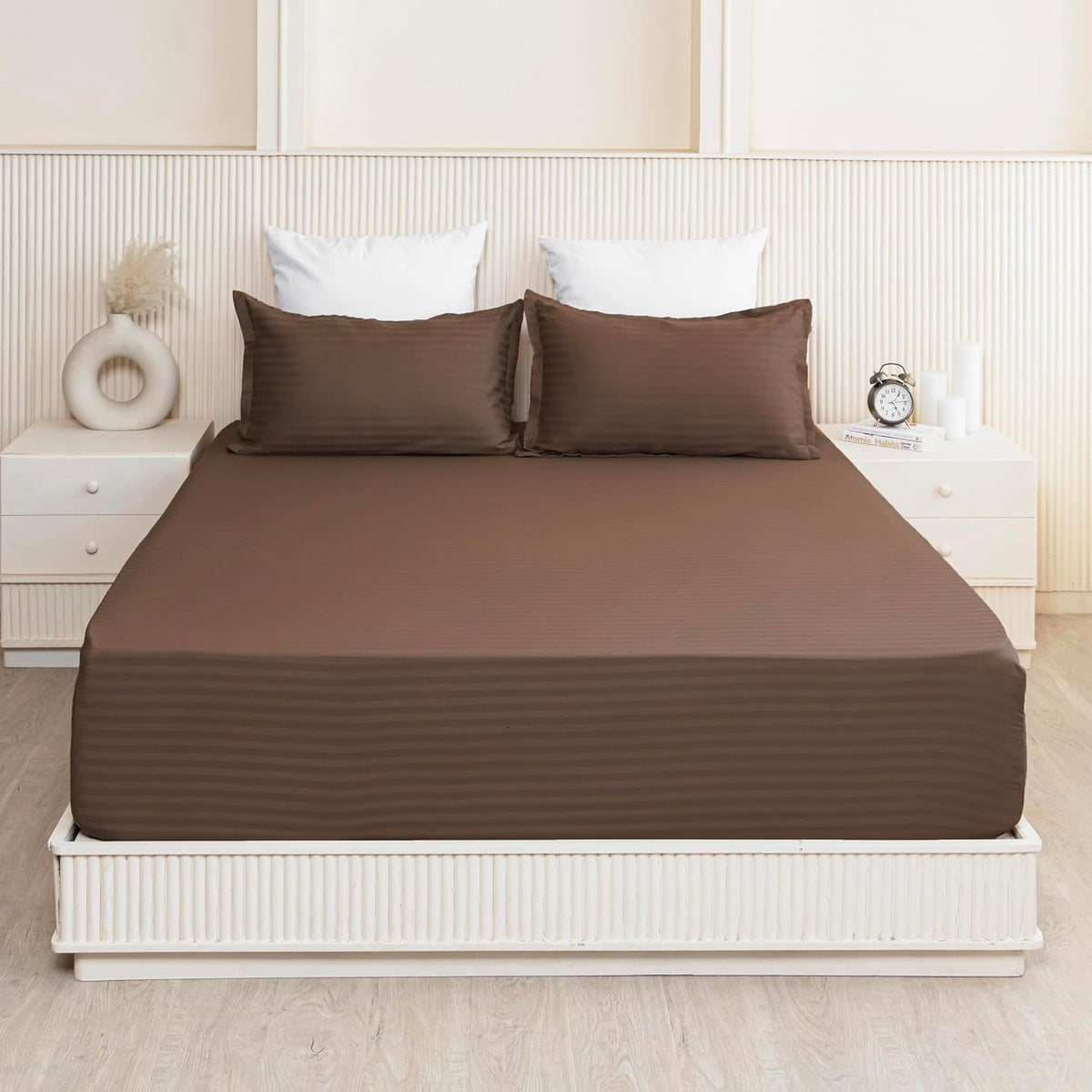 210 TC Cotton Double Bed Fitted Bedsheets With 2 Pillow Cases - 78 X 72 Inches, Brown | Satin Stripes Wrinkle Free | Comfortable Fabric Bedsheet
