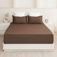 210 TC Cotton Double Bed Fitted Bedsheets With 2 Pillow Cases - 78 X 72 Inches, Brown | Satin Stripes Wrinkle Free | Comfortable Fabric Bedsheet