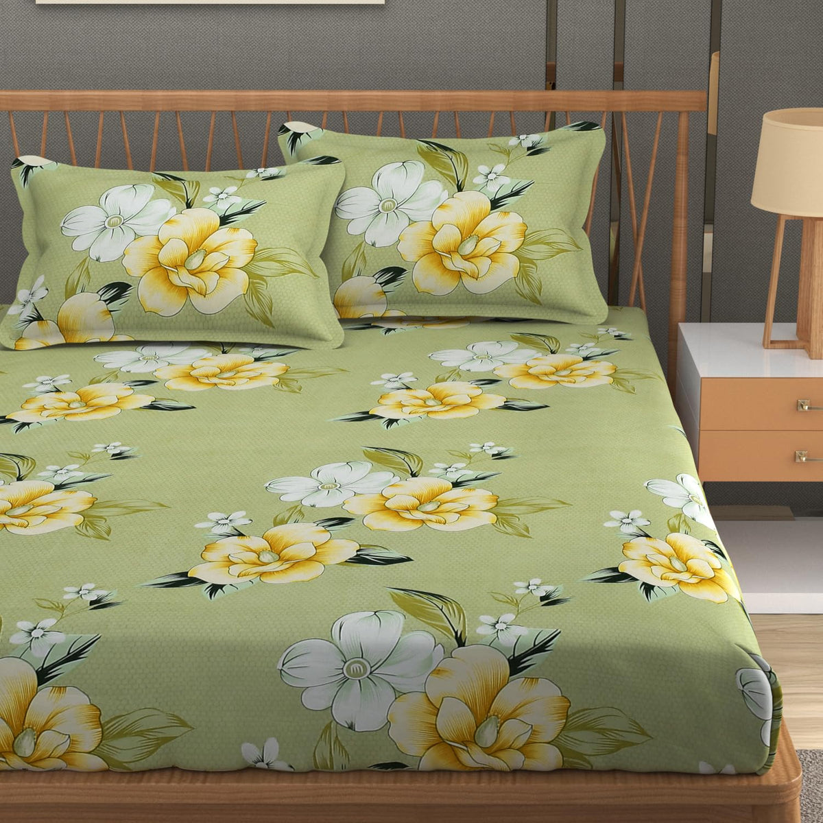 Elastic Fitted Double Bedsheets For King Size With 2 Pillow Covers - 72 X 78 X 10 Inches, Light Green | Premium Heavy Cotton All Around Elastic Fitted | Ideal For Hotel, Home, Bedroom
