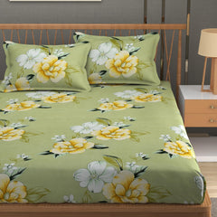 Elastic Fitted Double Bedsheets For King Size With 2 Pillow Covers - 72 X 78 X 10 Inches, Light Green | Premium Heavy Cotton All Around Elastic Fitted | Ideal For Hotel, Home, Bedroom