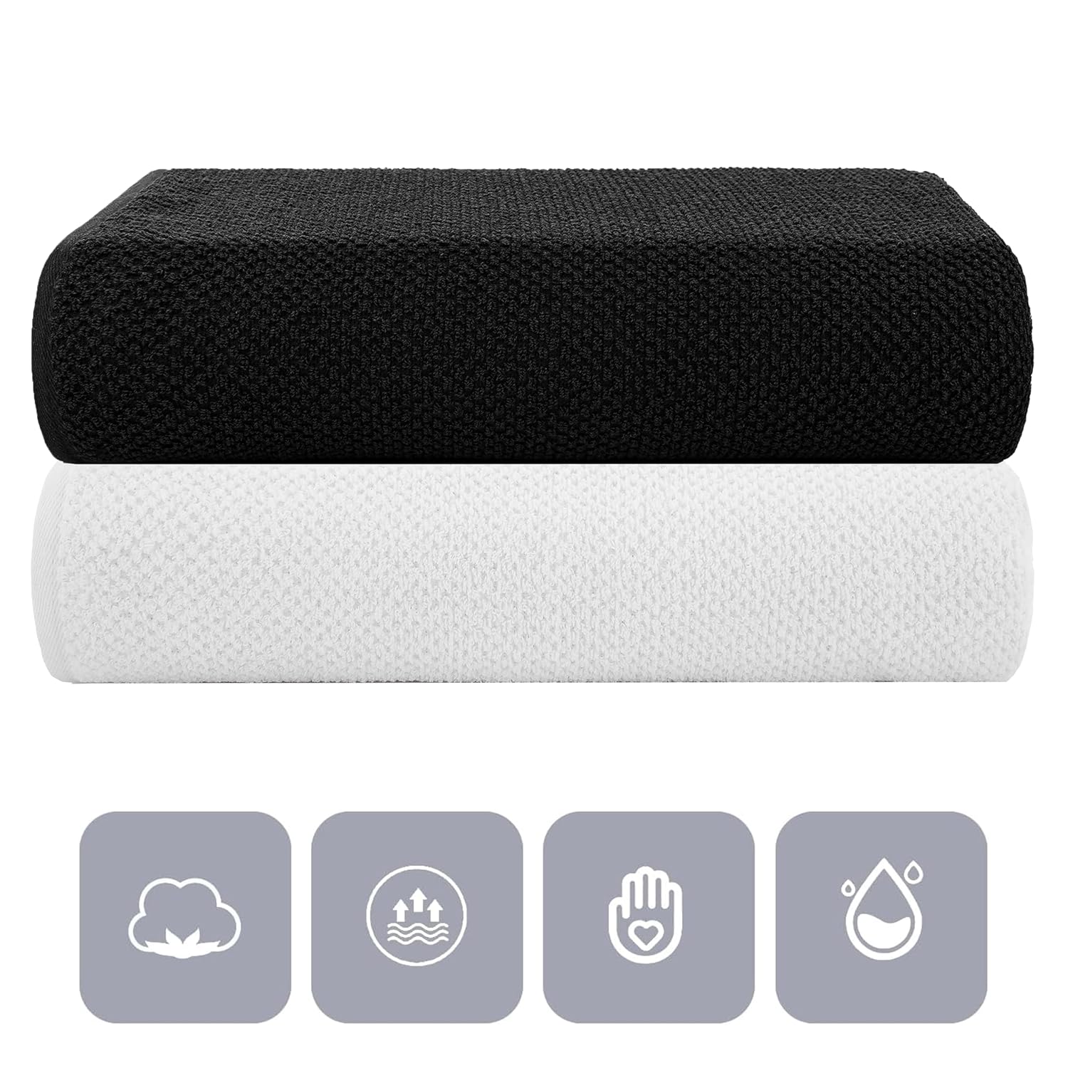 Casa Copenhagen Designed In Denmark Popcorn Super Soft 2 Pieces 100% Cotton Large Bath Towel 525 Gsm - Black & White