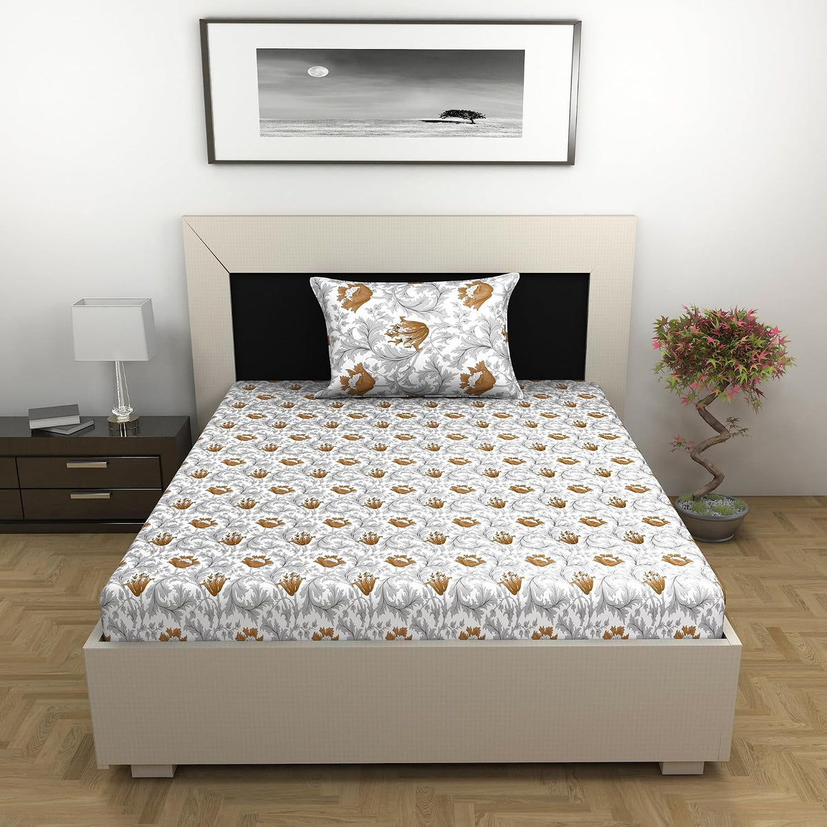 1 Single Bedsheet With 1 Pillow Cover - 57 X 87 Inches, Grey & Brown | 144 Thread Count Lightweight, Soft, Skin Friendly - Everyday Use Cotton Bedsheet