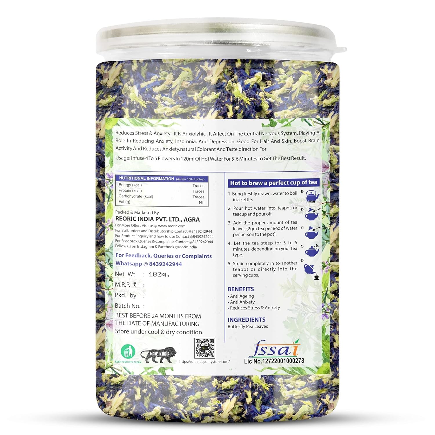 Bralcon Organic Herbal Tea Combo Pack Of 2 X 100gm, 3.5 Ounce Each - Hibiscus Flower Tea + Butterfly Pea Flower Tea | Reduce Stress, Improve Digestion - Caffeine Free