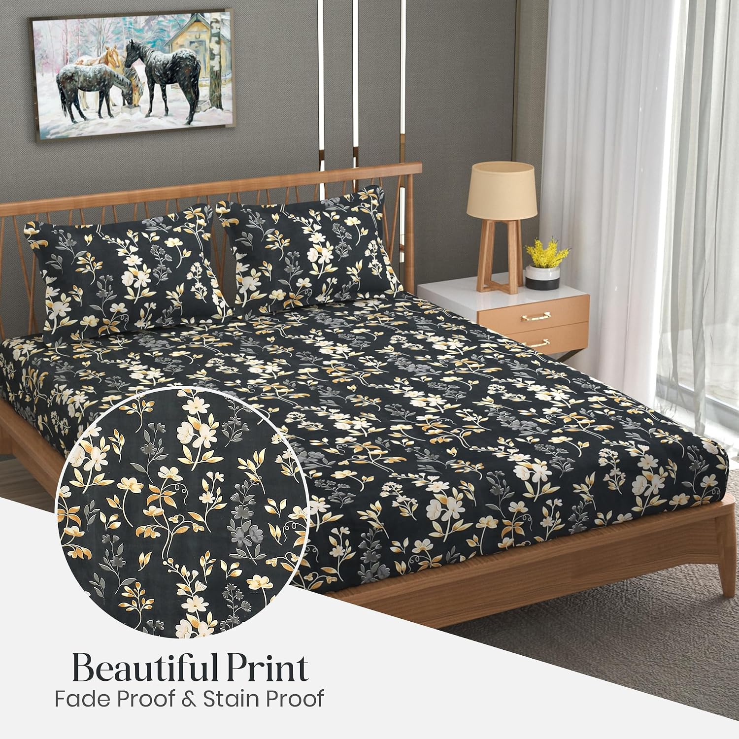 Bedsheet For Double Bed Queen Size With 2 Pillow Cover - 100 X 100 Inches, Grey & Black | Perfect For Gifting On Weddings Bedsheet