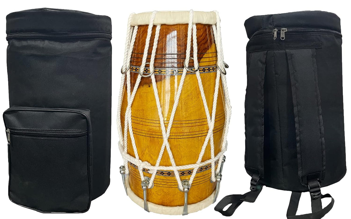Handmade Bhajan Kirtan Sheesham Wood Dholak With Yellow Glassy Glass Transparent Polish - Yellow | Wild Goat Skin Made Ring Fitting By Nut Bolt & Rope