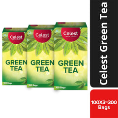 Celest Green Tea Bags - Pack Of 3 X 100 Enveloped Tea Bags | Helps Boost Metabolism, Zero Calories, Manage Waistline - Green Tea For Weight Loss