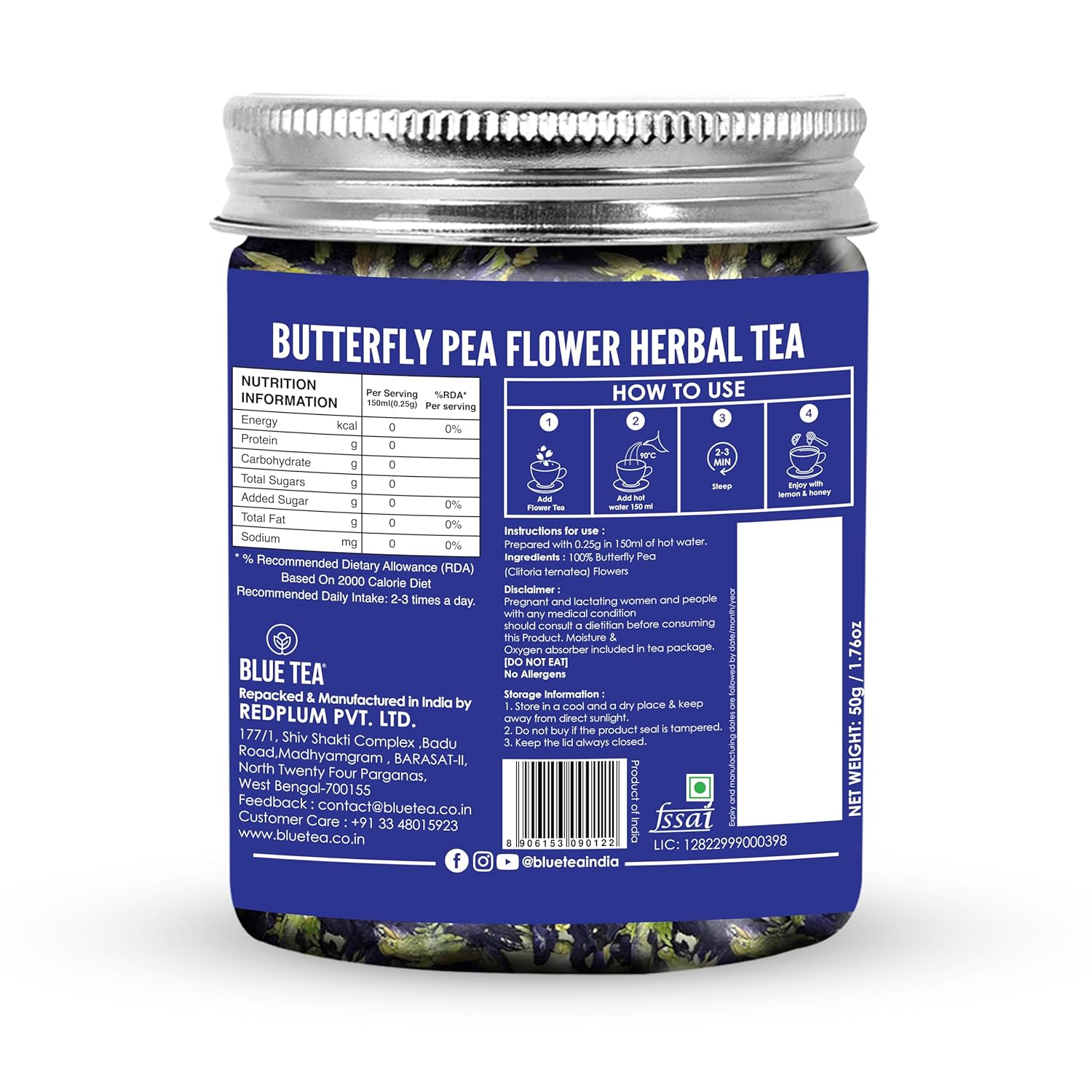 Blue Tea Butterfly Pea Flowers Herbal Tea - 50gm Pet Jar, 1.7 Ounce, 100+ Cups | Sun Dried Flower Antioxidant Tea - Caffeine Free, Detox Tea | No Added Colors, Aparajita - Shankhpushpi