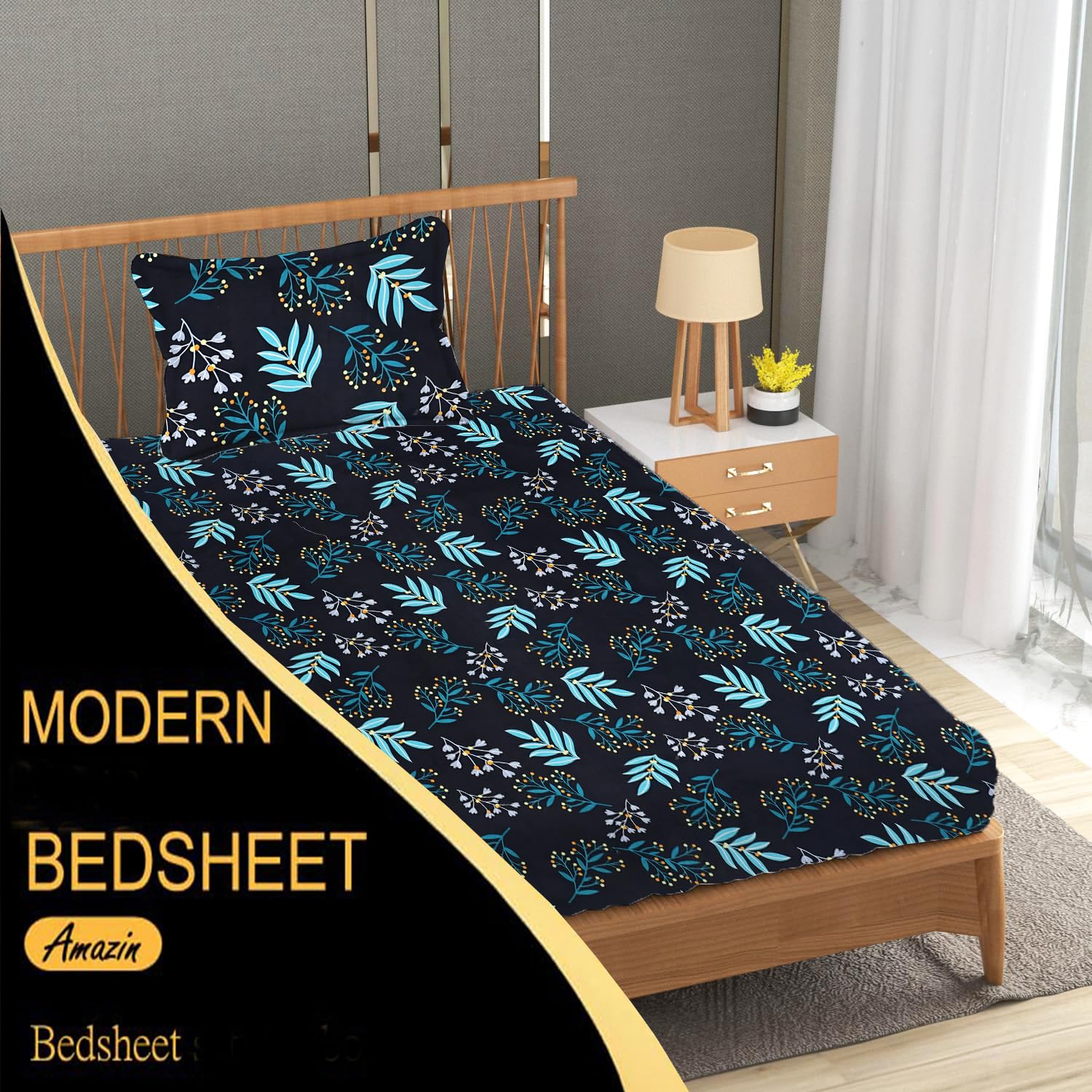 Single Bedsheet With 1 Pillow Covers - 60 X 90 Inches, Black & Blue | Soft Wrinkle Free Breathable Easy Care | Color Fade Resistant Bedsheet