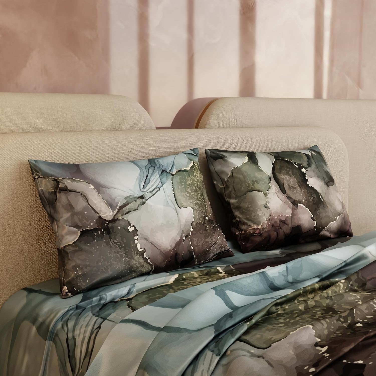 Super King Bedsheet With 2 Pillow Covers - 108 X 108 Inches, Moss Blue & Brown | Hypoallergenic, Breathable, Gentle On Skin & Hair, Fade & Wrinkle Resistant, Wedding Gift For Couples