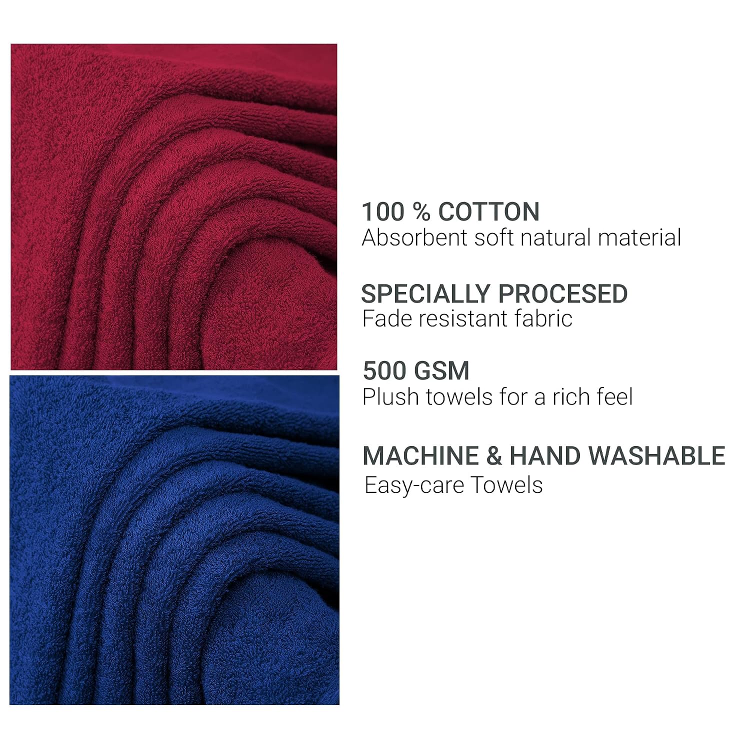 Cloth Fusion 100% Cotton Bath Towels 500 Gsm Large Size Set Of 2, Ultra Soft Bath Towel For Women & Men (Red & Blue)
