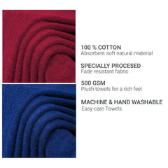 Cloth Fusion 100% Cotton Bath Towels 500 Gsm Large Size Set Of 2, Ultra Soft Bath Towel For Women & Men (Red & Blue)