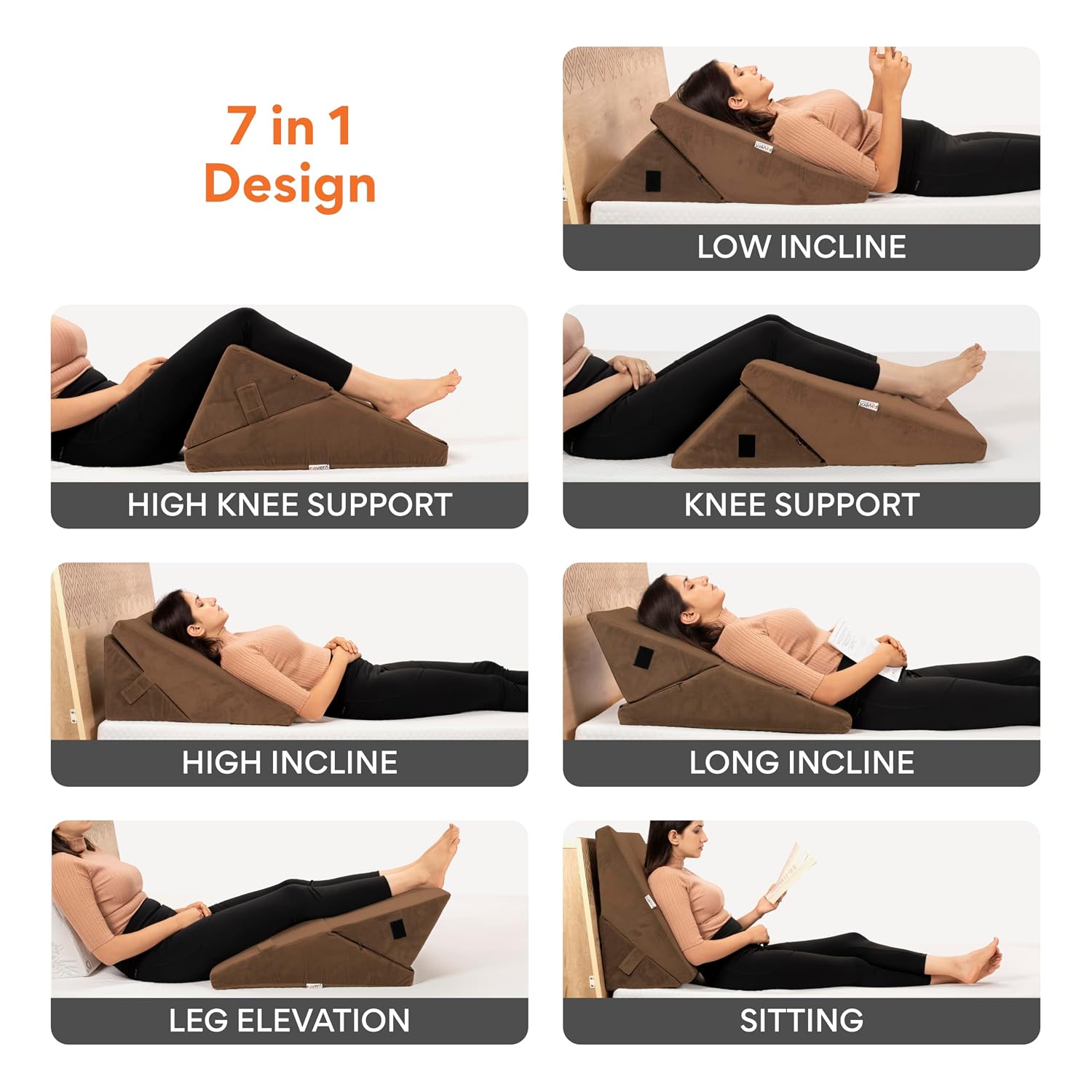 Memory Foam Bed Wedge Pillow For Sleeping, Wedge Pillow, Velvet Brown - XL Size - 24 X 24 X 12 Inch | Wedge Pillow For Back Support, Acid Reflux, Gerd, Snoring, Pregnancy, Adjustable