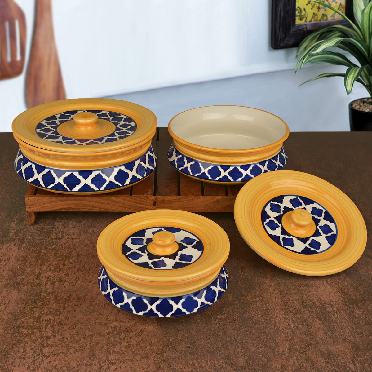 Hand Painted Ceramic Handi With Lid Set Of 3 - 1500ml, 1000ml & 700ml, Blue & Yellow | Dinner Serving Bowls - Biryani Handis, Serving Pots