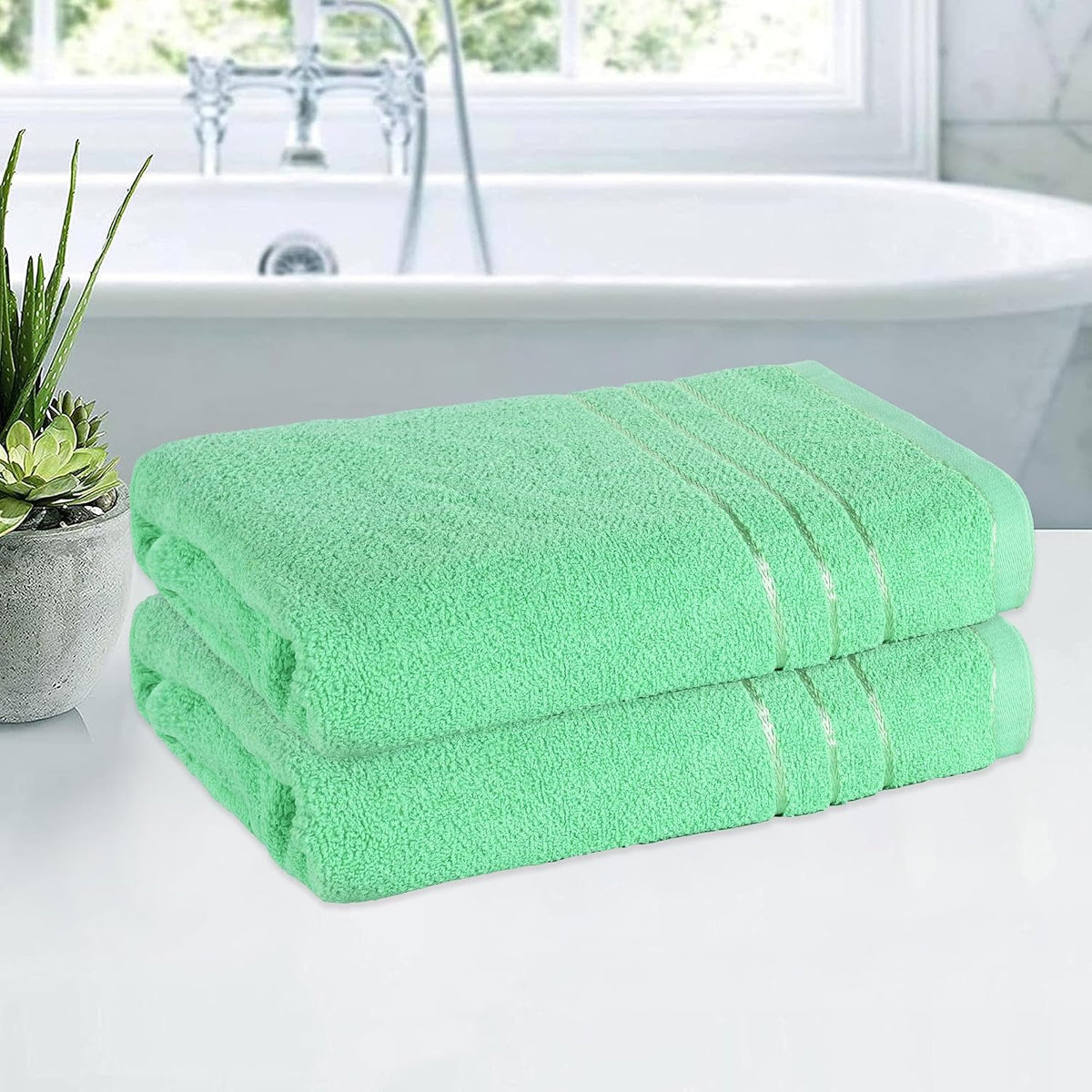 Kuber Industries Bath Towel 900 Gsm | Towel For Bath, Gym, Travel & Beach | Plain Lining (Green)- Pack Of 2