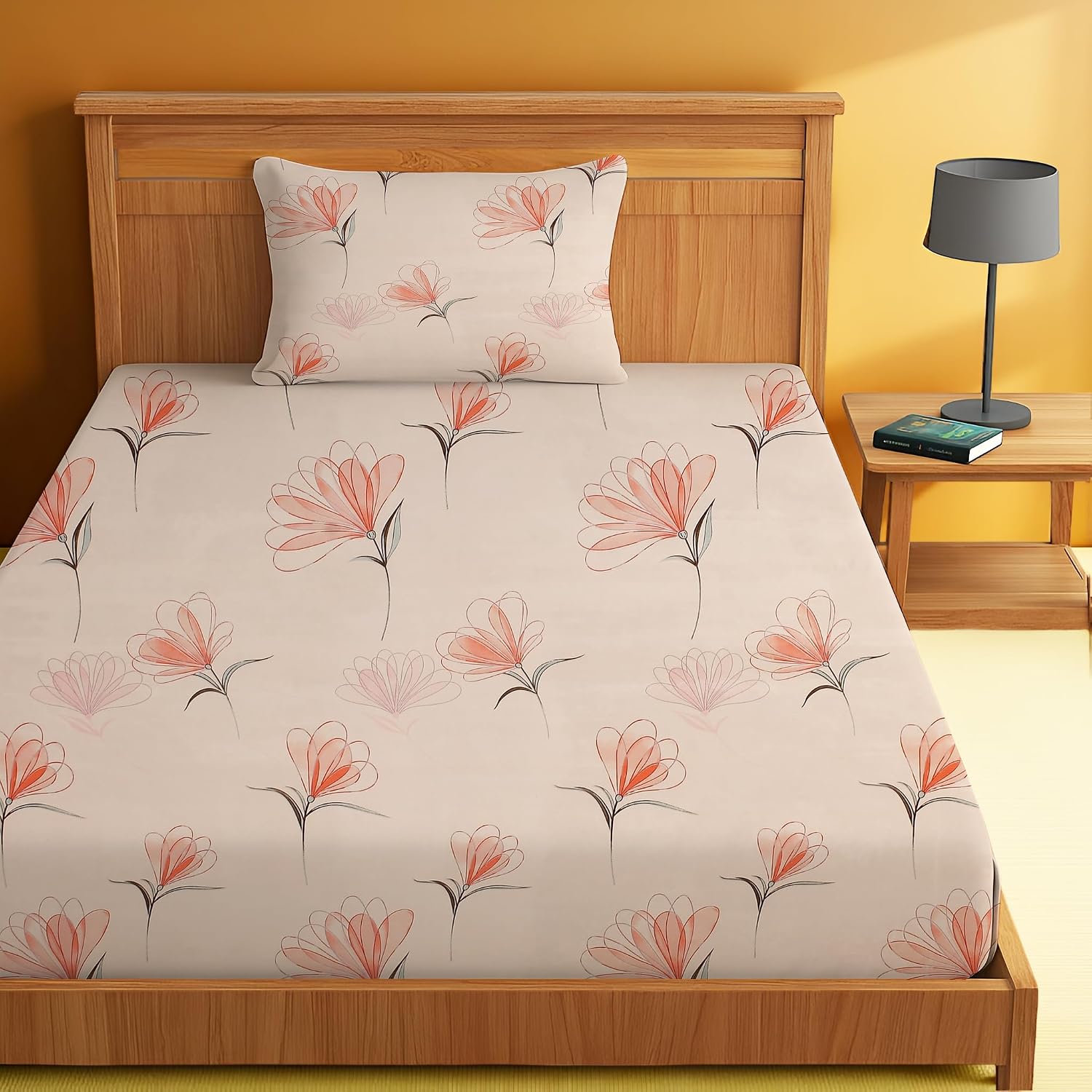 Printed Bedsheet For Single Bed With 1 Pillow Cover - 60 X 90 Inches, Coral Pink | Super Soft - Glace Cotton Breathable & Wrinkle Free - 2 Pcs Set