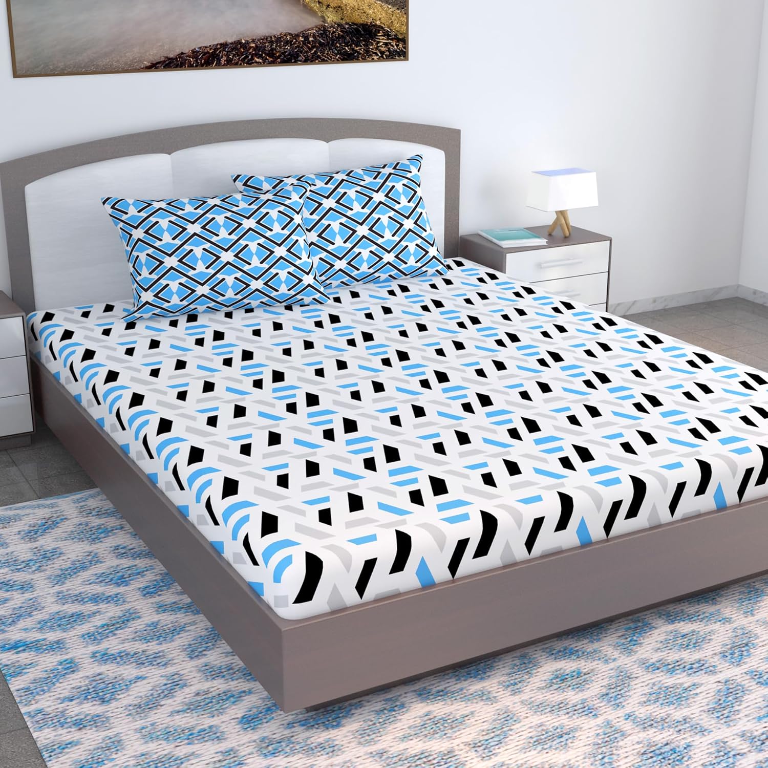 Cotton Extra Double Bedsheet For King Size With 2 Pillow Covers | 87 X 106 Inches, Grey & Blue - Ideal For Home, Guest House, Hotel | Soft & Breathable Fabric
