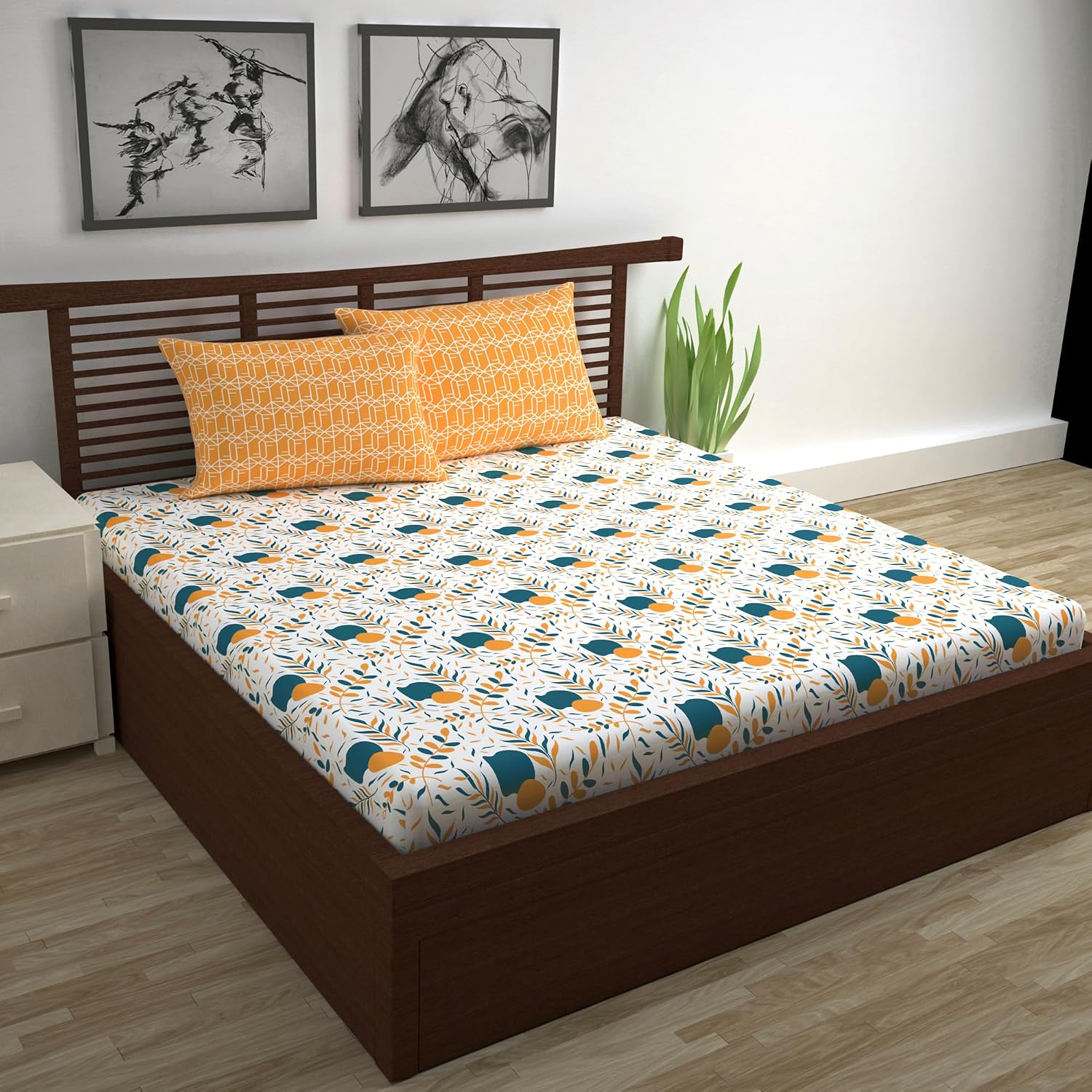 Soft Cotton Double Bedsheet For Queen Size With 2 Pillow Covers | 87 X 100 Inches, Mustard & White - Soft & Breathable Fabric | Comfortable For Daily Use