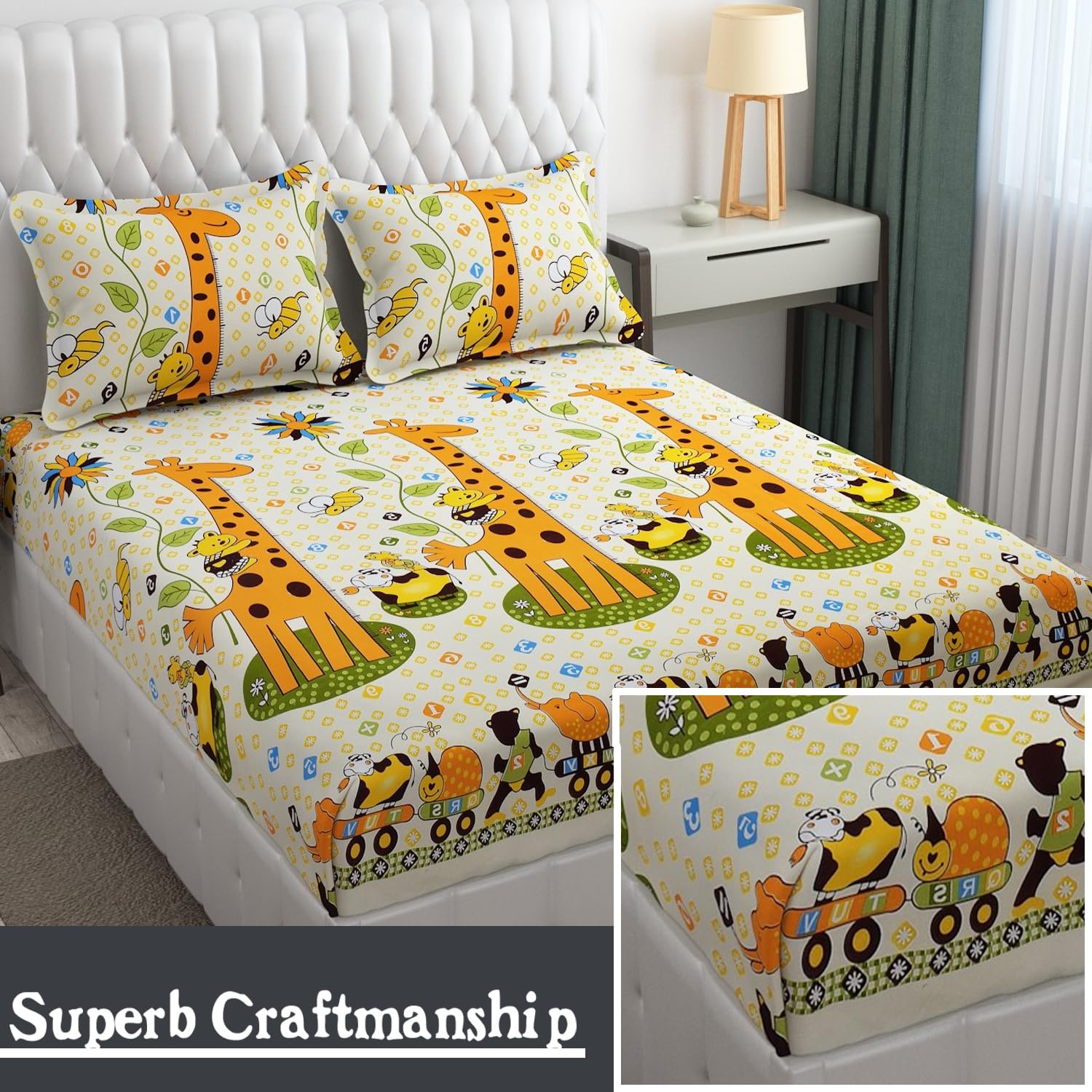 Wrinkle Free Soft Kids Double Bedsheets For King Size With 2 Pillow Cover | 90 X 95 Inches, Yellow | Cartoon Printed Design | Child Bedroom Decor