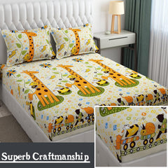 Wrinkle Free Soft Kids Double Bedsheets For King Size With 2 Pillow Cover | 90 X 95 Inches, Yellow | Cartoon Printed Design | Child Bedroom Decor