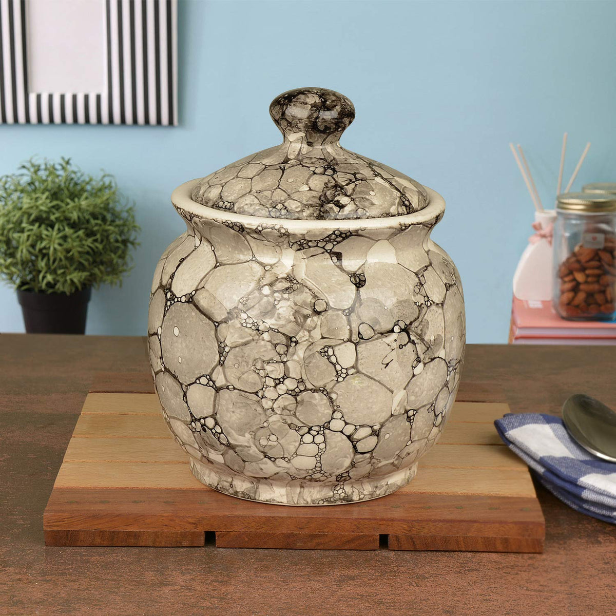 Hand Painted Ceramic Jar With Lid 1000ml, Grey Luster | Ceramic Multi-Utility Storage Jar - Pickle Storage Jar, Burni