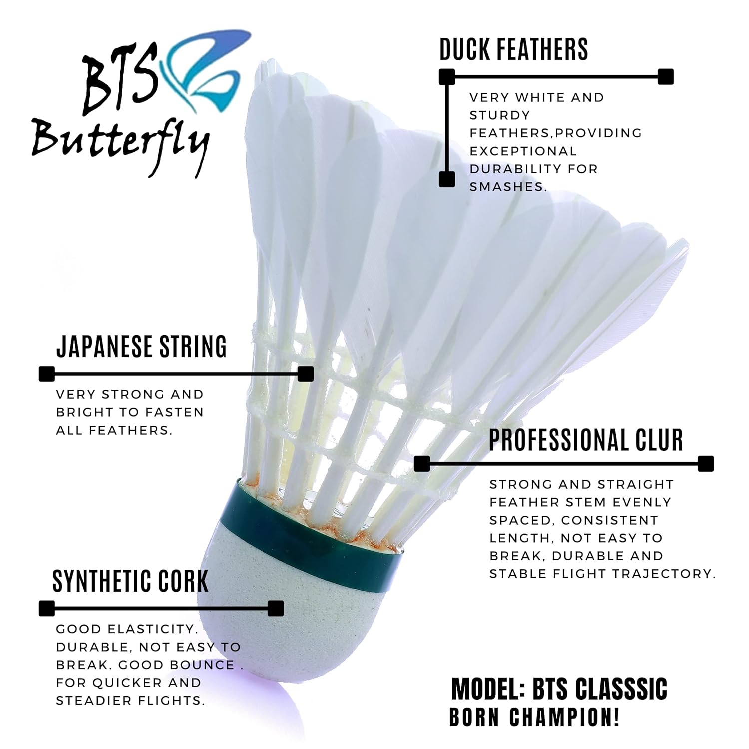 Butterfly Badminton Duck Feather Shuttlecock , Classic | White , Pack Of 10 , Ideal For Practice & Training Sessions