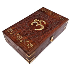 Exquisitely Hand Brass - Filled Wooden Om Box For Good Luck | Jewellery Box, Handmade Decorative Case, Kit 10 X 6 Inches, Om, Colour - Brown