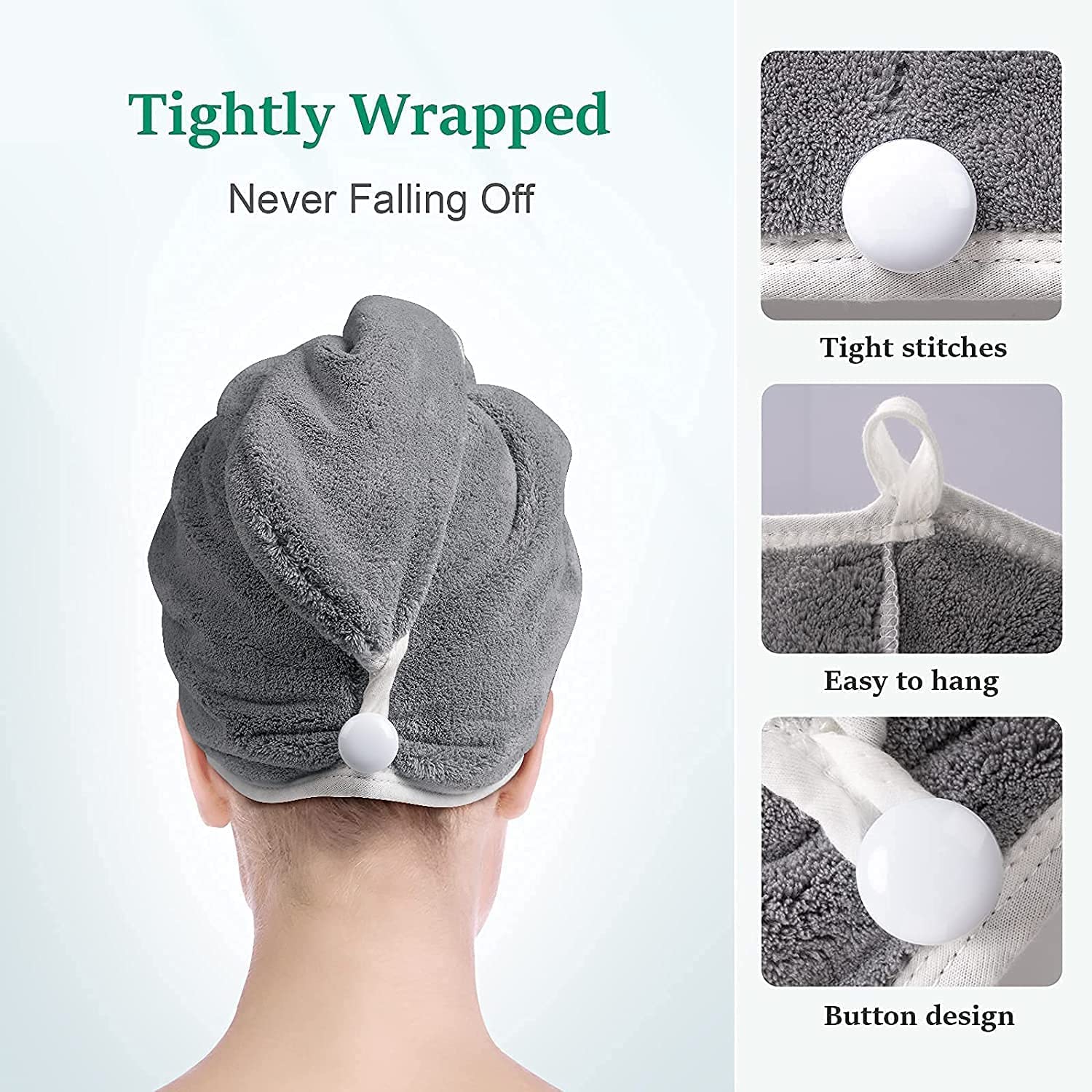 Fezora Hair Towel Wrap For Women (Pack Of 2) | Quick-Dry Microfiber Hair Turban With Elastic Loop | Super Absorbent Hair Drying Towel For Ladies & Girls (Grey & Pista Green)