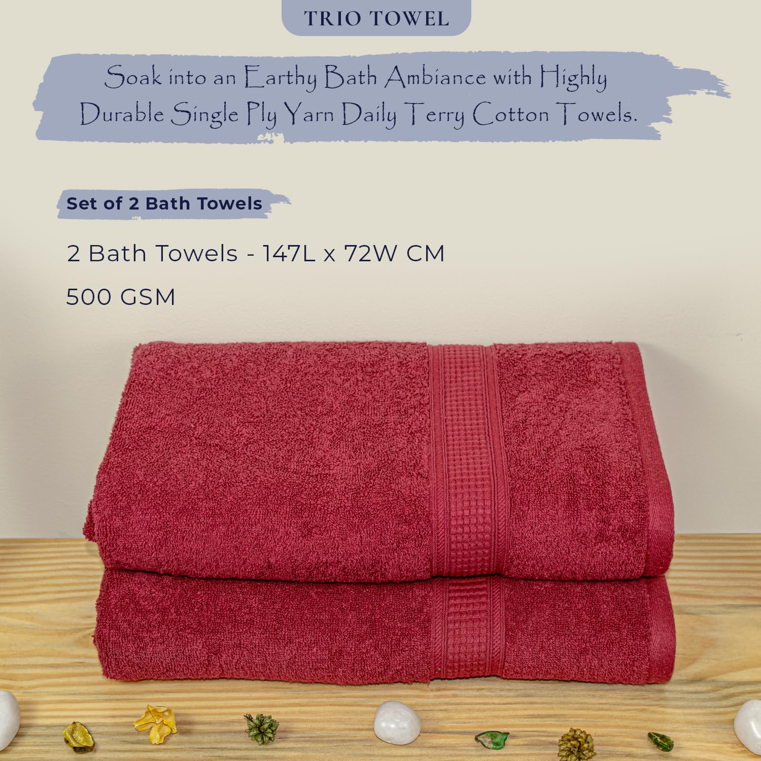 Rangoli 100% Cotton Fibre Bath Towel 1000 Gsm | Highly Durable & Super Absorbent Towel | Skin-Friendly & Quick Drying Luxury Towels (Maroon) - Pack Of 2