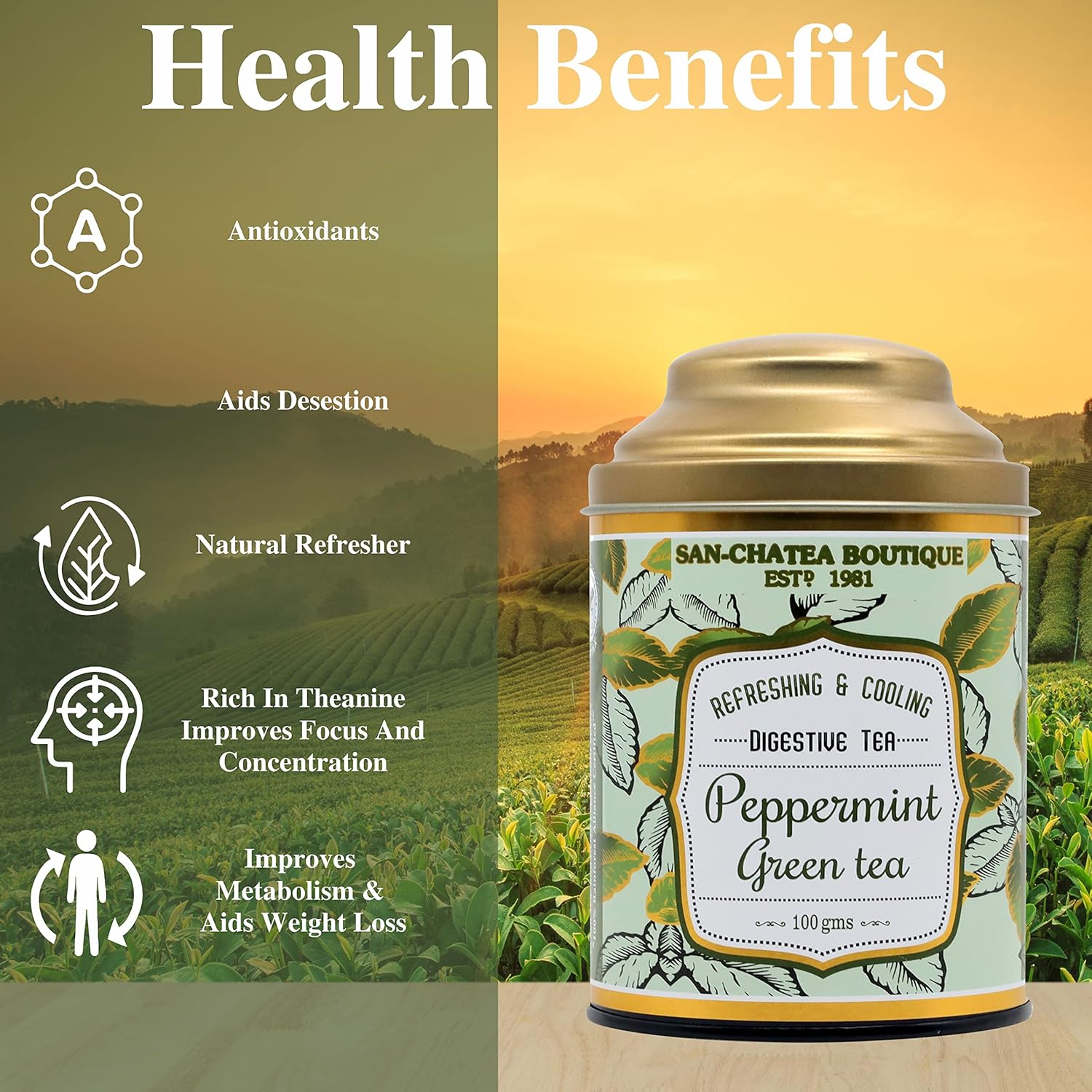 San-Cha Peppermint Green Tea - 100gm, 3.5 Ounce | Refreshing & Cooling Digestive Tea - Boosts Metabolism | Low Bitterness, Low Caffeine