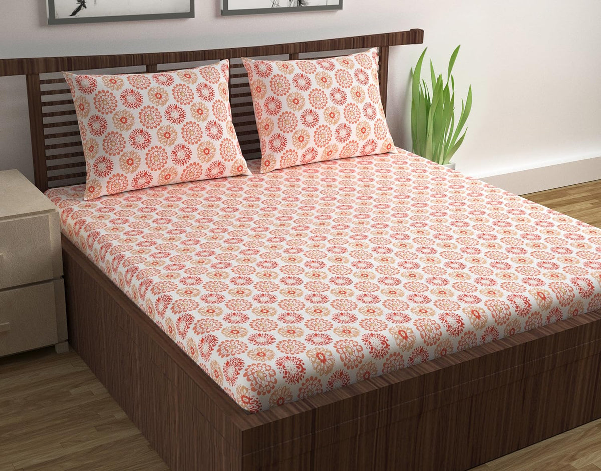 100% Pure Cotton Double Bedsheet For Queen With 2 Pillow Covers - 87 X 100 Inches, Orange & White | Soft & Durable For Everyday Use & Bedroom - All Season Comfort