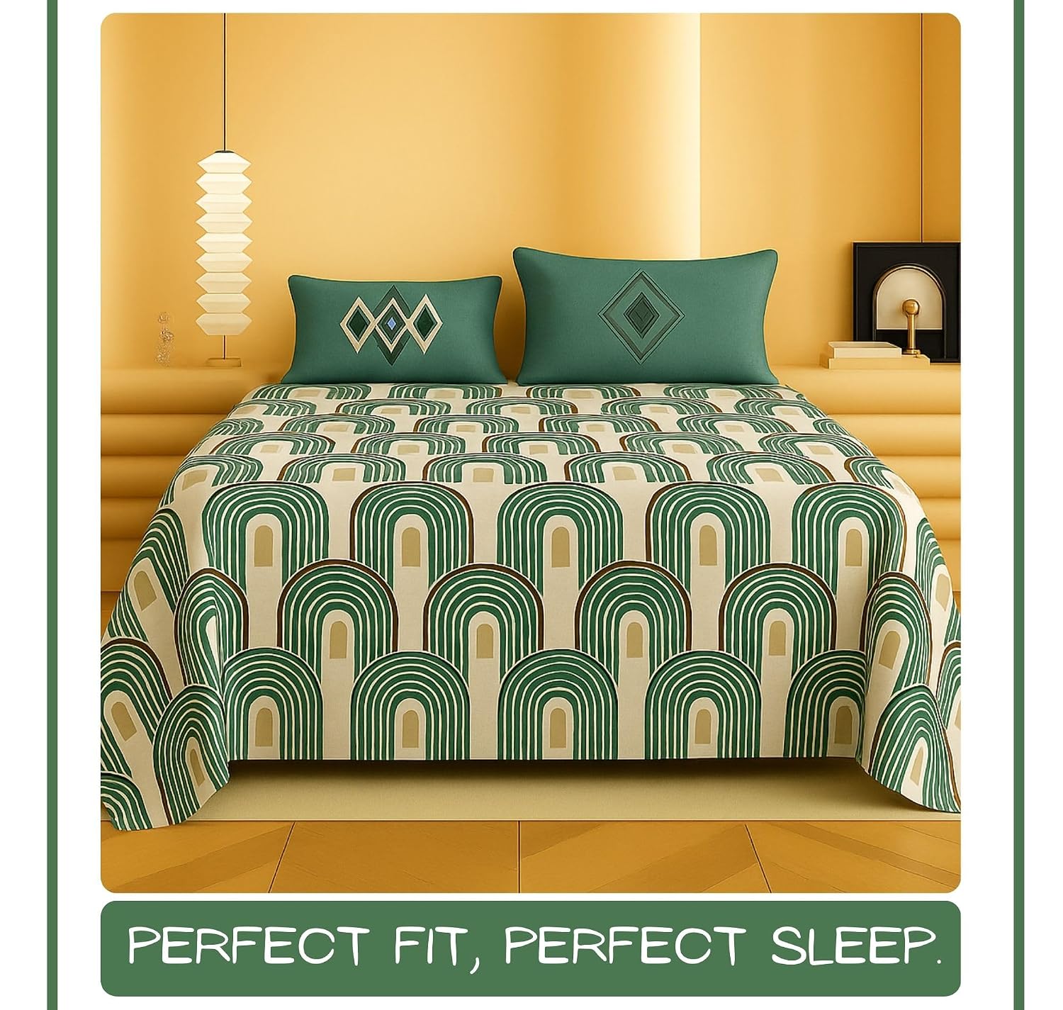 1 Double Bedsheet With Two Pillow Covers - 90 X 94 Inches, Green & Ivory | 300 Thread Count Super Soft Bed Sheet For King Size Bed