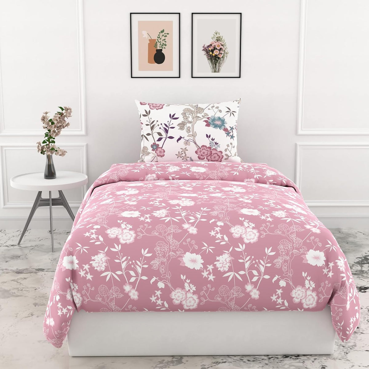Cotton Bedsheet For Single Bed With 1 Pillow Cover - 54 X 84 Inches, Pink & White | Soft Touch Cotton Fabric-Comfortable & Durable | Elegant Printed Bedding Set For Daily Use