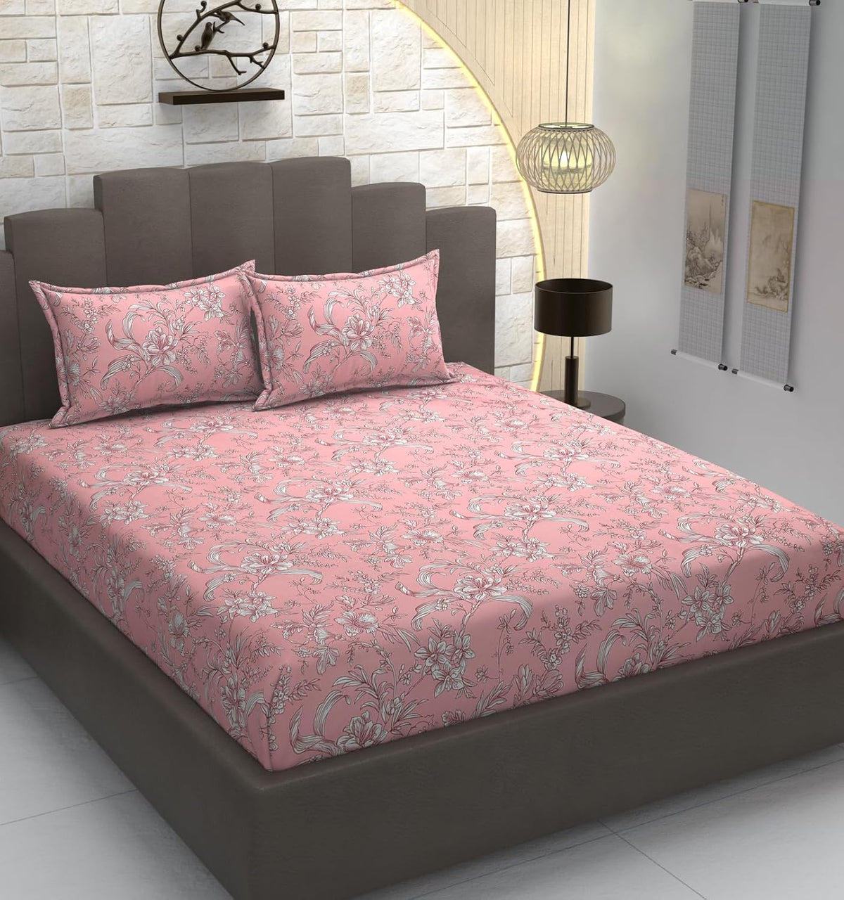 Cotton Premium Bedsheet For Double Bed With 2 Pillow Covers - 90 X 98 Inches, Pink | Traditional Printed - Soft, Breathable & Comfortable