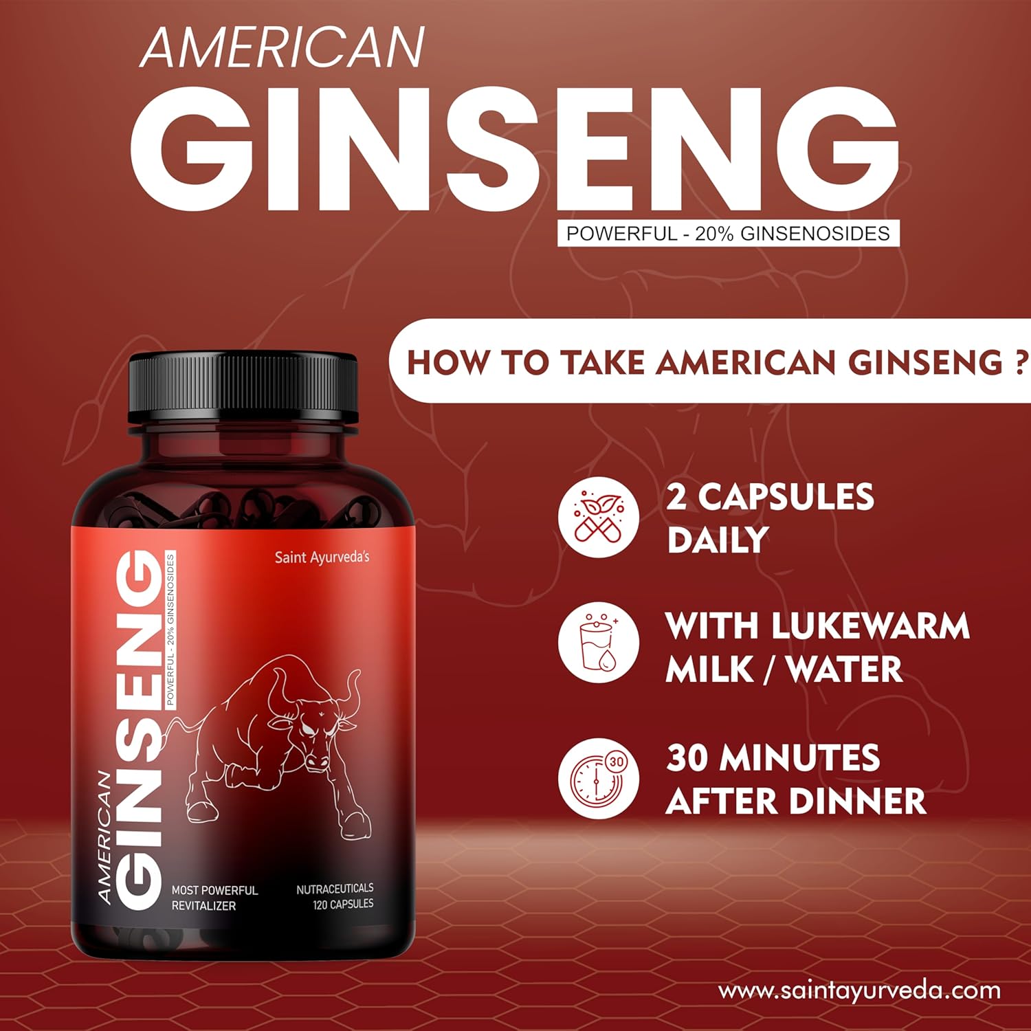 Saint Ayuveda American Ginseng Root Extract With Bio - Piperine, 1000mg Supports Energy, Vitality & Strength, For Men & Women | 120 Capsules 200gm 0.4lbs