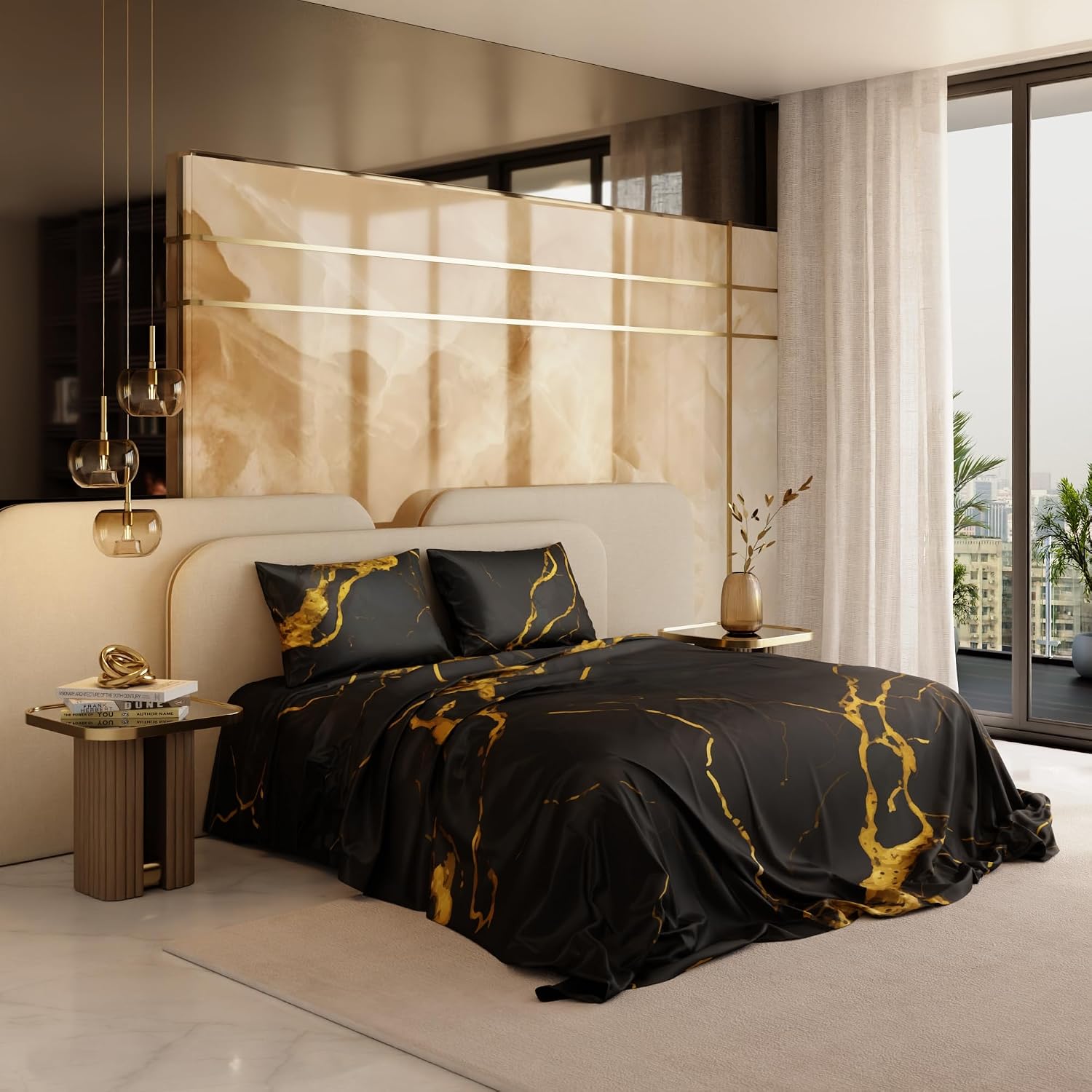 Super King Bedsheet With 2 Pillow Covers & Comforter - 108 X 108 Inches, Black & Gold | Hypoallergenic, Breathable, Gentle On Skin & Hair, Fade & Wrinkle Resistant, Wedding Gift For Couples