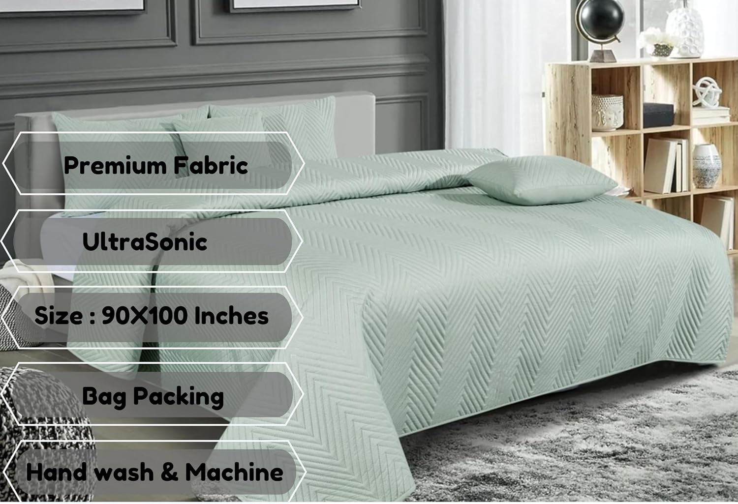 Luxurious Bedsheet For Double Bed With 2 Pillow Cover + 2 Cushion Cover - 90 X 100 Inches, Pista Green | All Weather 5 Pcs Glace Cotton Ultrasonic TC - 280