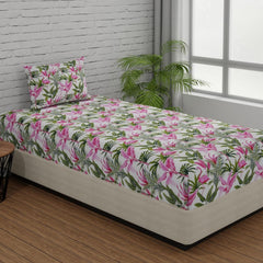 Single Bedsheet Elastic Fitted Cotton With 1 Pillow Cover | 36 X 78 Inches, Pink & Green | Ideal For Home, Guest House, Hotel | Soft & Breathable Fabric