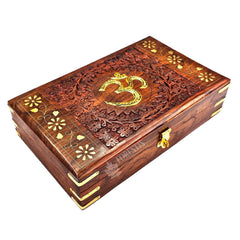Wooden Om Box For Good Luck, Jewellery Box Decorative Case, Kit, Vanity, Organiser For Women, Necklaces, Cash, Gold 10 X 6 Om Engraved, Colour - Brown, Material - Rosewood