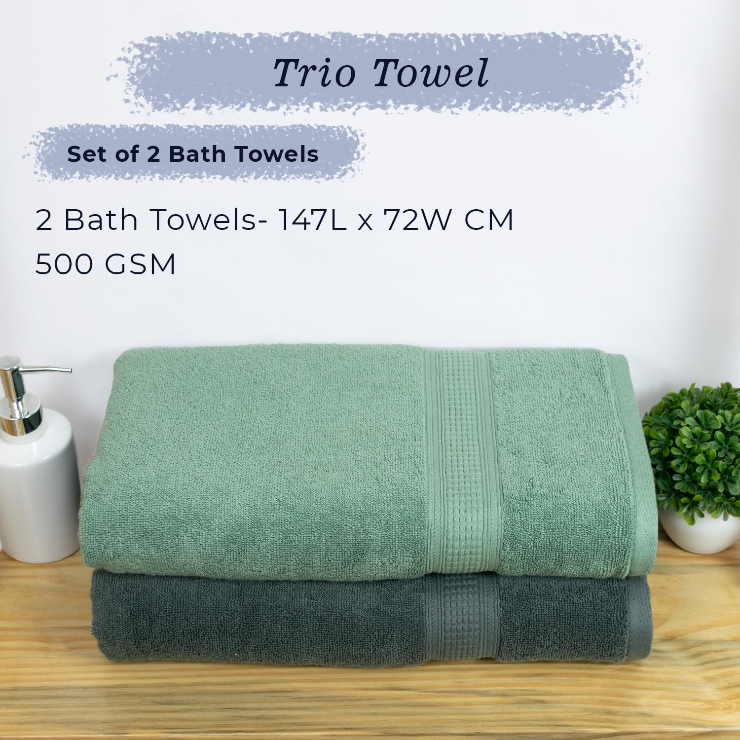 Rangoli 100% Cotton Fibre Bath Towel 1000 Gsm | Highly Durable & Super Absorbent Towel | Skin-Friendly & Quick Drying Luxury Towels (Green & Grey) - Pack Of 2