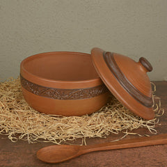 Handcrafted Ornately Designed Earthenware Bowl With Lid - Brown, 1.8 Liters | Clay Casserole With Lid - Cooking & Serving Pot