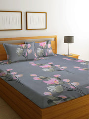 Printed Double Bedsheets With 2 Pillow Covers - 90 X 90 Inches, Grey & Pink | Super Soft Premium Brushed Glace Cotton Bedsheet