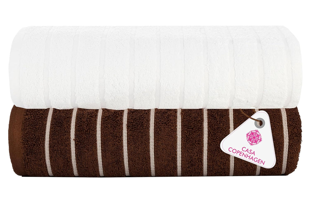 Casa Copenhagen Designed In Denmark Estatic Super Soft 2 Pieces 100% Cotton Large Bath Towel 525 Gsm - Toffee & White
