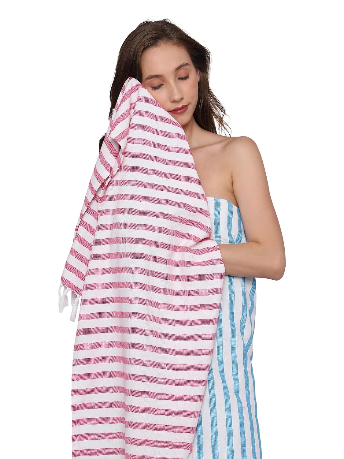 Patvy Bath Towels 490 Gsm | Light Weight Turkish Style Stripe Bath Towels For Men & Women Large Size (Rose & Teal Blue)- Pack Of 2